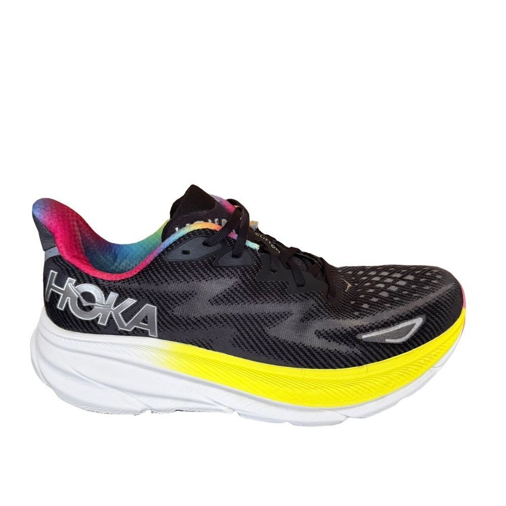 Hoka Clifton 9 Black and Yellow Athletic Shoes size 11D